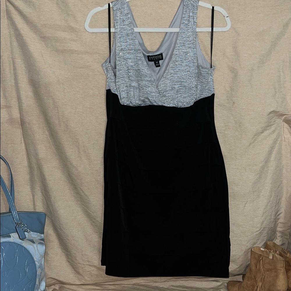 Enfocus Studio Gray and Black Midi Dress